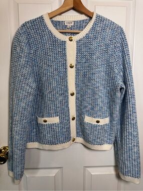J.Crew XL Blue Ivory Cotton Blend Lady Jacket Cardigan Gold Buttons Classic